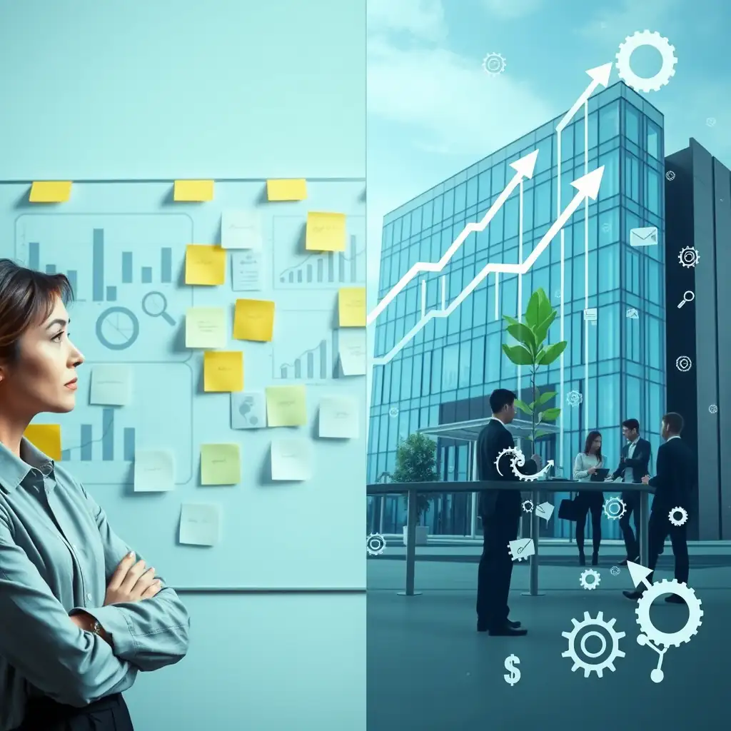  vista dividida en dos secciones que se complementan. En el lado izquierdo, un empresario o empresaria pensativo/a mirando hacia un tablero estratégico con notas adhesivas y diagramas. En el lado derecho, la materialización de ese análisis: un edificio comercial próspero con gráficas ascendentes superpuestas, un equipo de personas trabajando en armonía, y símbolos de crecimiento como una planta que florece.