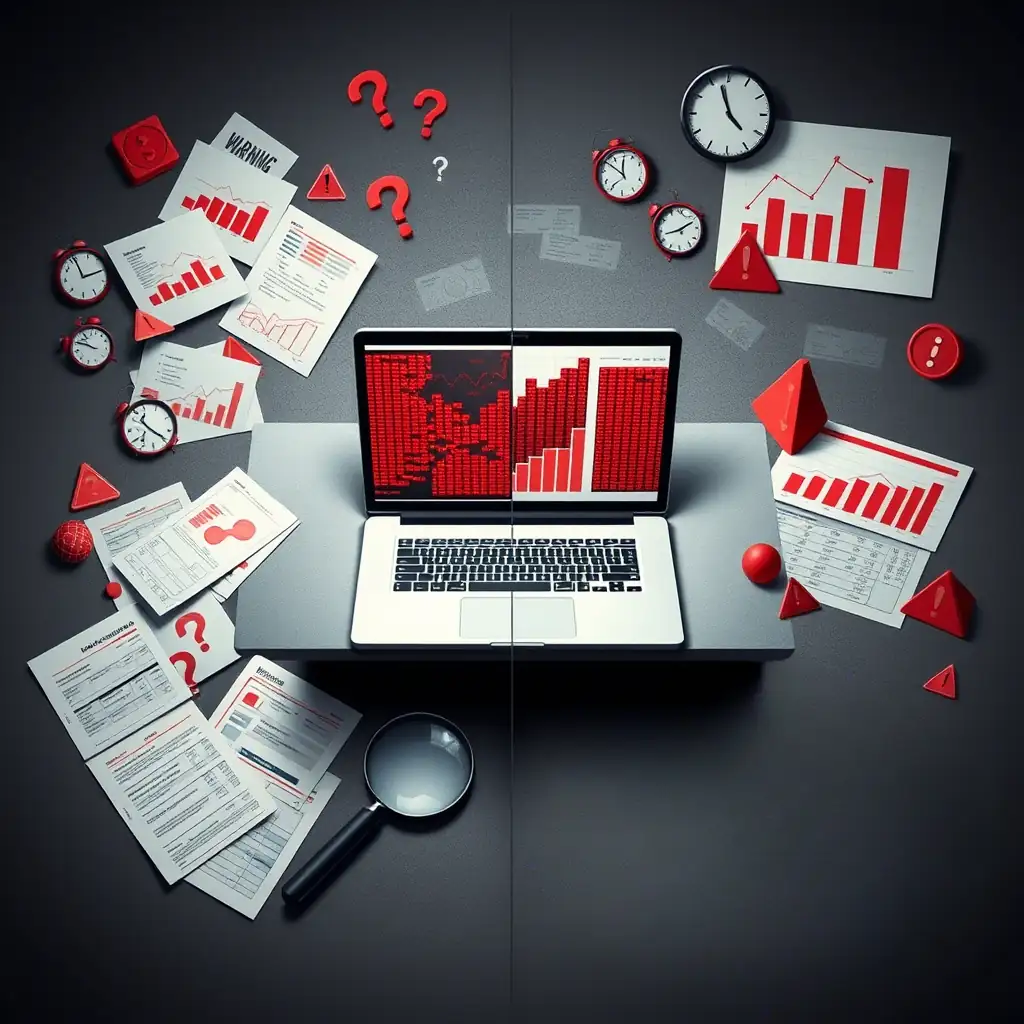 Imagen dividida en secciones que ilustra los problemas del análisis comercial. En el centro, hay un escritorio con una laptop mostrando gráficos confusos y datos desordenados en rojo