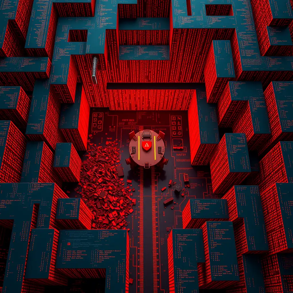 En diferentes puntos del laberinto, se visualizan los obstáculos clave: una montaña de datos desordenados, 