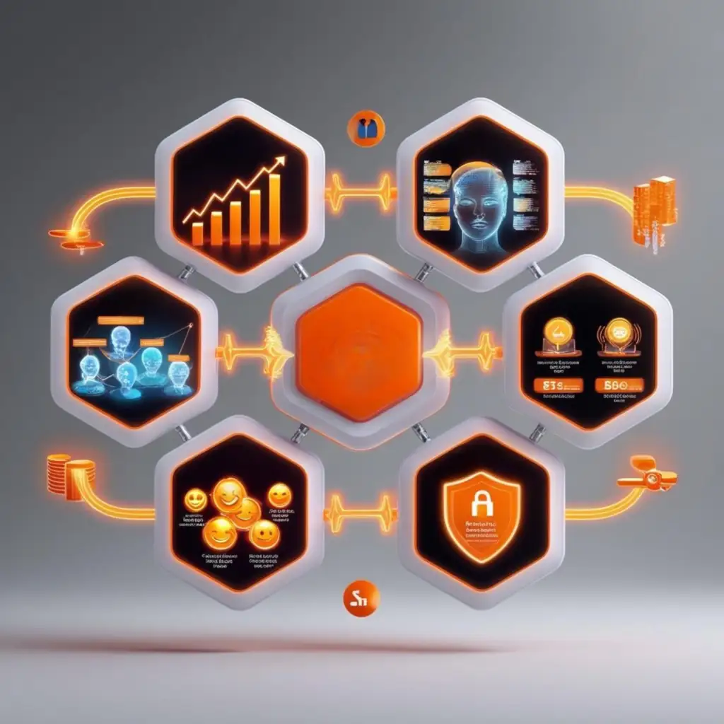 Imagen tipo infografía moderna dividida en seis secciones hexagonales interconectadas, flotando en el espacio. Cada hexágono muestra una escena diferente de uso de IA: 1) Predicción de demanda con gráficos de tendencias ascendentes, 2) Segmentación de clientes con perfiles holográficos, 3) Optimización de precios con etiquetas digitales dinámicas, 4) Análisis de satisfacción con emoticones y métricas de sentimiento, 5) Detección de fraude con escudos de seguridad, y 6) Automatización de procesos con flujos de trabajo digitales. Los hexágonos están conectados por líneas de luz naranja que pulsan con datos. Cada escena tiene sus propios hologramas y visualizaciones de datos en tonos naranja vibrante. El fondo es un degradado suave de gris que hace resaltar los elementos principales.