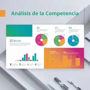 Una visualización moderna y minimalista que muestra varios elementos flotantes interconectados. En el centro, un gráfico de barras tridimensional en tonos naranja y blanco que se eleva dinámicamente. Alrededor del gráfico, hay líneas brillantes y puntos de datos que forman una red de conexiones, simbolizando el análisis de datos. En primer plano, iconos simplificados de empresas y pantallas holográficas semitransparentes mostrando métricas y estadísticas. 