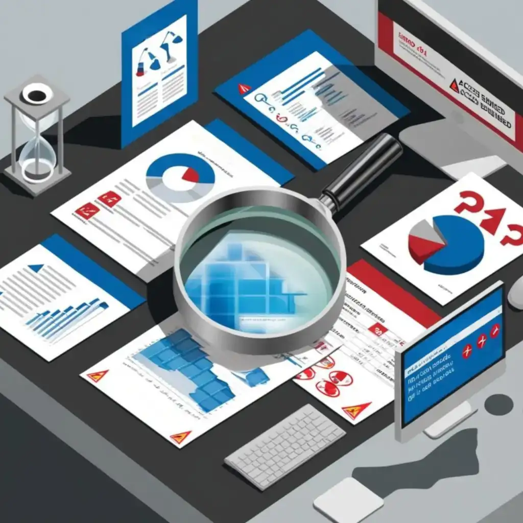 Una ilustración empresarial que muestra un escritorio de trabajo moderno visto desde arriba, donde se observan varios documentos y gráficos desordenados y superpuestos. En el centro, hay una lupa que revela datos borrosos o incompletos, simbolizando la dificultad para obtener información precisa. Alrededor, hay varios elementos visuales que representan obstáculos: un reloj de arena medio vacío que indica limitaciones de tiempo, documentos con signos de interrogación, gráficos con datos inconsistentes, y pantallas de computadora mostrando 'Error 404' o 'Acceso Denegado'. En las esquinas, pequeñas nubes de tormenta flotantes con símbolos de advertencia. Los colores predominantes son azules corporativos, grises profesionales y toques de rojo para las señales de advertencia. El estilo general es limpio y corporativo, con un toque de ilustración isométrica moderna