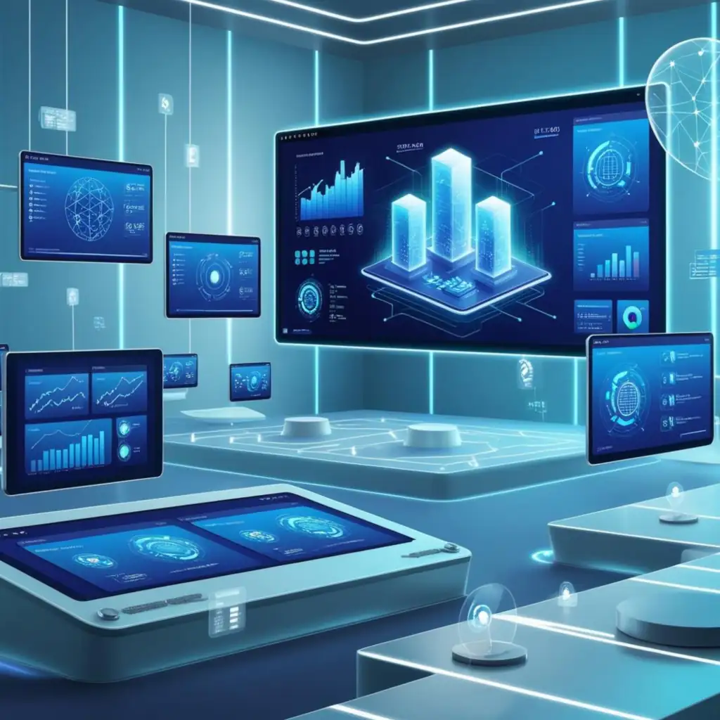 Una ilustración moderna y dinámica que muestra una sala de control futurista con pantallas holográficas flotantes. En el centro, una pantalla principal muestra un tablero de control interactivo con gráficos 3D, métricas en tiempo real y visualizaciones de datos que brillan en tonos azules y cian. Alrededor, varias pantallas más pequeñas muestran diferentes aspectos del análisis: mapas de calor de mercado, gráficos de tendencias, y análisis predictivos, todos conectados por líneas de luz que fluyen entre ellas. En primer plano, interfaces de usuario elegantes y minimalistas con elementos de machine learning como redes neuronales simplificadas y patrones de reconocimiento. El ambiente general está iluminado con un resplandor tecnológico suave, creando una atmósfera de sofisticación y eficiencia. Pequeños elementos de datos y código flotan en el espacio, mientras que líneas de conexión brillantes tejen una red que une todos los componentes, sugiriendo una integración perfecta entre la IA y el análisis estratégico.