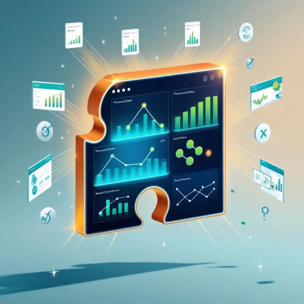 Una ilustración elegante y resolutiva que muestra una pieza de rompecabezas central perfectamente encajada, brillando en tonos naranjas tecnológicos. Dentro de la pieza, se visualiza un dashboard moderno y limpio con múltiples pantallas holográficas que muestran datos procesados: gráficos ascendentes, indicadores de rendimiento en verde, y mapas de mercado con puntos brillantes de éxito. De la pieza emergen rayos de luz que conectan con diferentes elementos flotantes: reportes automatizados, predicciones de mercado y análisis de tendencias, todos representados con iconos minimalistas y modernos. El fondo transiciona suavemente de un azul profundo a un turquesa claro, sugiriendo progreso y claridad. Pequeñas partículas de datos y símbolos de check (✓) flotan alrededor, mientras que líneas sutiles tejen una red de conexiones exitosas. La composición general transmite orden, eficiencia y resolución, con un estilo futurista pero accesible.