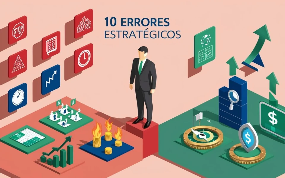 La imagen muestra una lista de «10 ERRORES ESTRATÉGICOS» seguida de dos signos de dólar ($) y las palabras «STOP» y «Start». Parece ser un gráfico o una presentación visual, posiblemente una diapositiva de una presentación o una sección de un documento.La imagen podría estar relacionada con los negocios, el marketing o el desarrollo personal, ya que menciona errores estratégicos, temas habituales en estos campos. Los signos de dólar sugieren un contexto financiero, mientras que «STOP» y «Start» podrían referirse a acciones a realizar o decisiones a tomar.