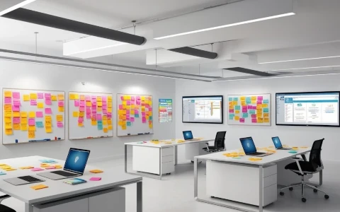 Una sala de reuniones moderna y luminosa, con paredes blancas y ventanales grandes. Hay tres mesas de trabajo blancas con sillas negras, cada una con dos ordenadores portátiles y algunos objetos pequeños de oficina. En la pared del fondo, hay tres pizarras blancas con numerosas notas adhesivas de colores y algunas pantallas de ordenador mostrando gráficos y datos