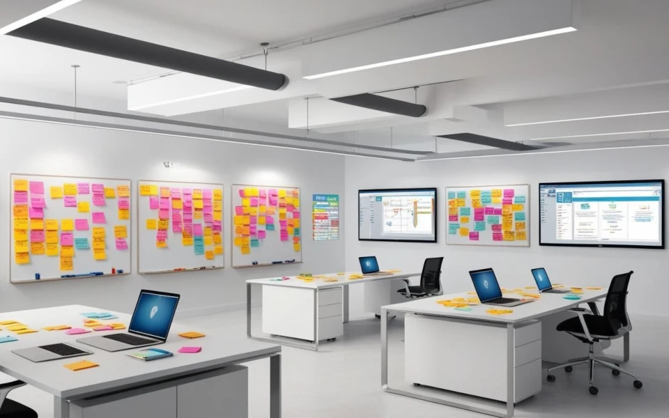 Una sala de reuniones moderna y luminosa, con paredes blancas y ventanales grandes. Hay tres mesas de trabajo blancas con sillas negras, cada una con dos ordenadores portátiles y algunos objetos pequeños de oficina. En la pared del fondo, hay tres pizarras blancas con numerosas notas adhesivas de colores y algunas pantallas de ordenador mostrando gráficos y datos