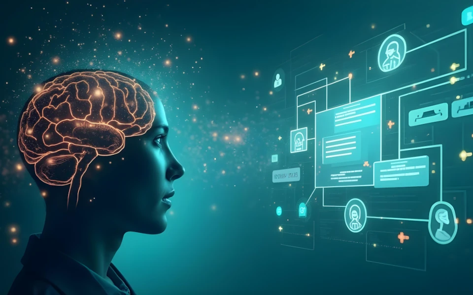 Un cerebro estilizado o red neuronal: Representa la inteligencia artificial, con conexiones brillantes y nodos que pulsan con energía.Flujo de datos: Líneas de luz o partículas que conectan el cerebro/red neuronal con representaciones de clientes. Estas representaciones pueden ser avatares minimalistas, iconos de personas o simplemente puntos de luz.