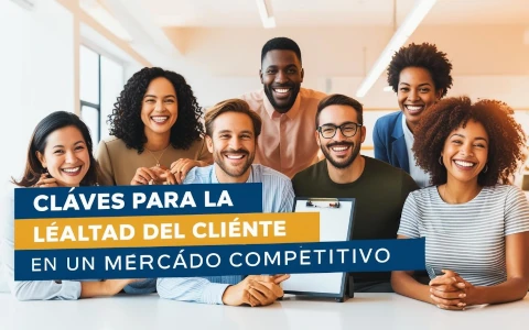 Un grupo diverso de ocho personas sonriendo, sentados en una mesa en un entorno de oficina. El texto superpuesto dice 'CLAVES PARA LA LEALTAD DEL CLIENTE EN UN MERCADO COMPETITIVO'.
