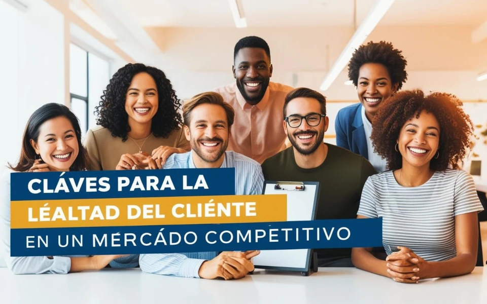 Un grupo diverso de ocho personas sonriendo, sentados en una mesa en un entorno de oficina. El texto superpuesto dice 'CLAVES PARA LA LEALTAD DEL CLIENTE EN UN MERCADO COMPETITIVO'.