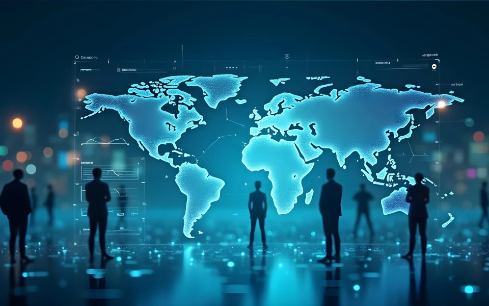 Tablero de instrumentos (Dashboard) holográfico: Con gráficos dinámicos que fluctúan, mostrando datos de mercado en tiempo real. Incluye gráficos de líneas, barras y círculos, representando tendencias, crecimiento y participación de mercado.
Mapa del mundo: Con puntos brillantes que indican actividad de mercado y conexiones entre ellos, simbolizando el flujo de información y comercio global.