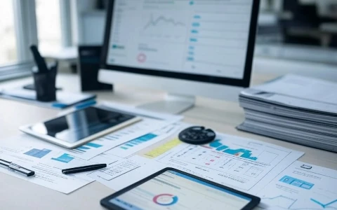 La imagen muestra un escritorio de oficina con varios dispositivos electrónicos y documentos. En primer plano, hay dos computadoras portátiles abiertas. La pantalla de una muestra una hoja de cálculo con una gran cantidad de datos numéricos, mientras que la otra muestra una interfaz gráfica con diversas líneas y gráficos. Sobre el escritorio, hay varias hojas de papel con tablas y gráficos similares a los que se muestran en las computadoras portátiles. También se puede ver una tableta, un teléfono móvil y un teclado numérico. Al fondo, se aprecia una ventana grande que deja entrar luz natural