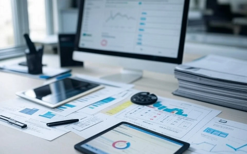 La imagen muestra un escritorio de oficina con varios dispositivos electrónicos y documentos. En primer plano, hay dos computadoras portátiles abiertas. La pantalla de una muestra una hoja de cálculo con una gran cantidad de datos numéricos, mientras que la otra muestra una interfaz gráfica con diversas líneas y gráficos. Sobre el escritorio, hay varias hojas de papel con tablas y gráficos similares a los que se muestran en las computadoras portátiles. También se puede ver una tableta, un teléfono móvil y un teclado numérico. Al fondo, se aprecia una ventana grande que deja entrar luz natural