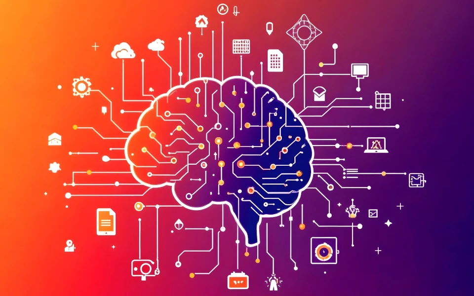 Imagen que representa la aplicación de la inteligencia artificial en el marketing. El cerebro con circuitos y los iconos de datos simbolizan el análisis, la automatización y la toma de decisiones inteligentes en estrategias de marketing. 