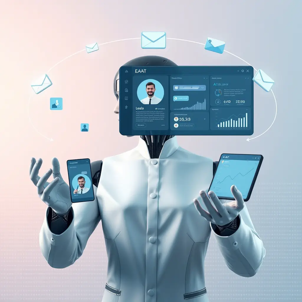 En las pantallas se muestran perfiles de leads, conversaciones de chat, y gráficos de análisis de datos. El agente de IA está realizando gestos elegantes con sus manos, manipulando y organizando la información. A su alrededor orbitan iconos 3D que representan diferentes canales de comunicación (email, chat, llamadas). El fondo es minimalista con una matriz digital sutil en tonos suaves. La iluminación es moderna y tecnológica, con destellos suaves que enfatizan los elementos clave. El estilo general es corporativo pero futurista, transmitiendo profesionalismo y eficiencia automatizada.