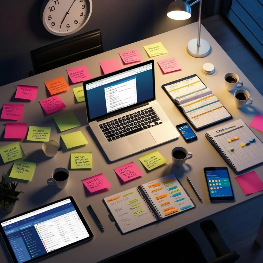 Un escritorio de oficina moderno visto desde arriba donde se visualiza el caos organizado de la gestión de leads. En el centro, una laptop muestra una bandeja de entrada sobrecargada de emails. Alrededor hay post-its desperdigados con notas urgentes, una agenda física con páginas marcadas, y un teléfono móvil con notificaciones brillando. Se pueden ver múltiples tazas de café a medio terminar. Un reloj de pared visible marca una hora tardía, sugiriendo largas jornadas. En una esquina, una tablet muestra un CRM con datos desordenados. La iluminación es realista, de oficina al atardecer, creando sombras que añaden al sentimiento de agobio. Los colores son naturales pero ligeramente desaturados para enfatizar el estrés. El estilo es fotorrealista con un toque de dramatismo en la composición. 