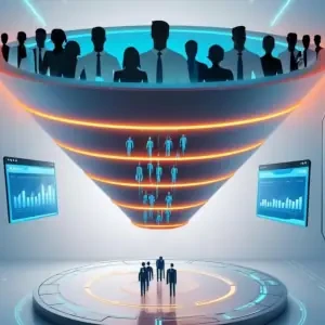 Un embudo de ventas futurista en 3D que flota en el centro de la imagen, con bordes brillantes en azul neón. En la parte superior del embudo entran siluetas de personas (leads) que se transforman en datos digitales mientras descienden. Alrededor del embudo hay hologramas flotantes que muestran gráficos, estadísticas y pantallas de análisis.